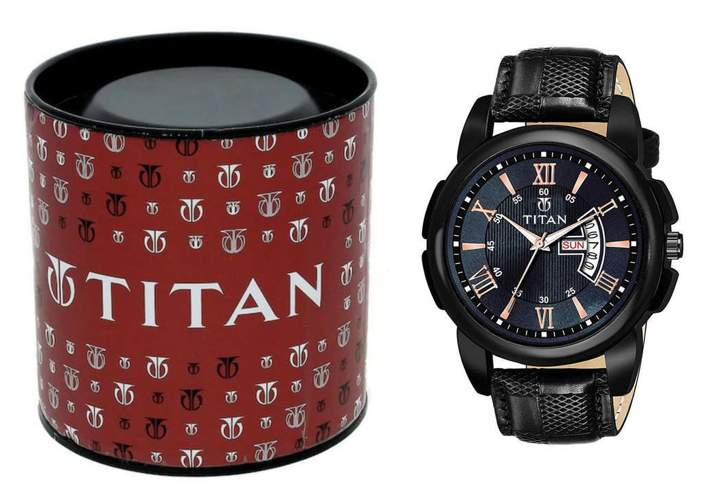Titan Day-Date Black Leather Watch