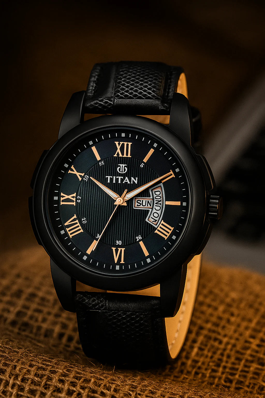Titan Day-Date Black Leather Watch