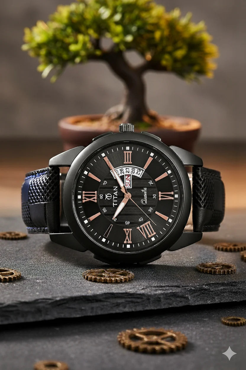 Titan Day-Date Black Leather Watch